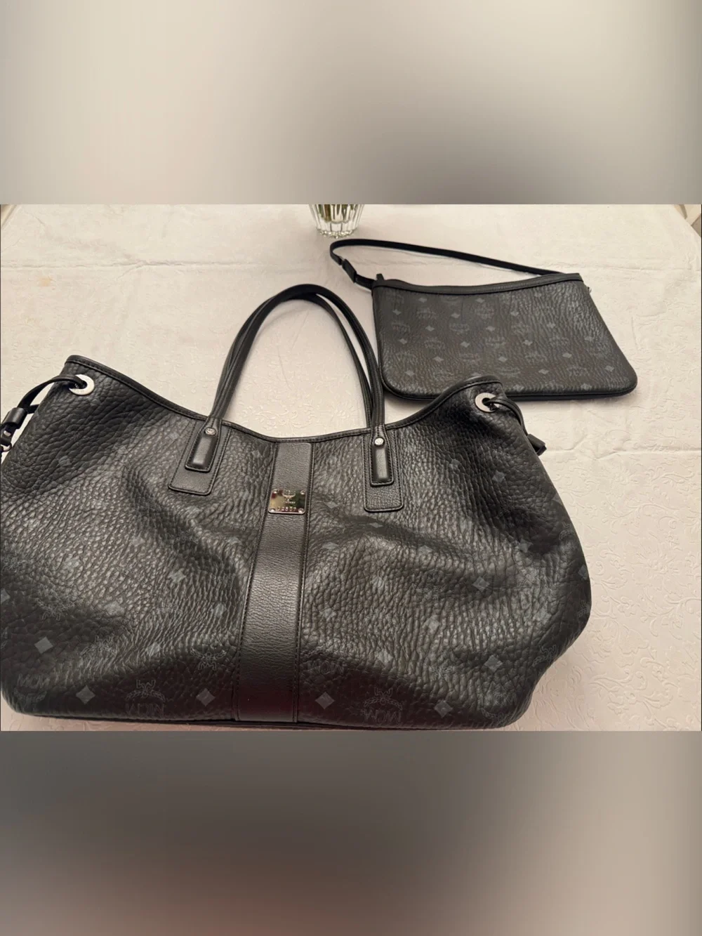 MCM Black Leather Duffel Tote with Removable Pouch